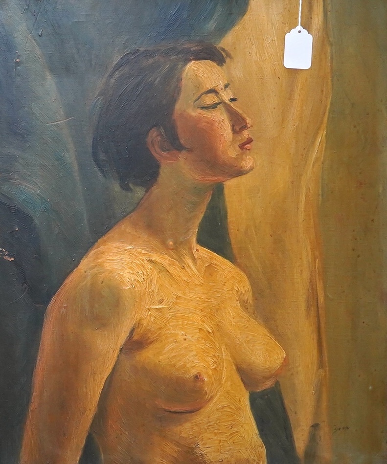 Lilos Bug?, oil on canvas, Study of a nude female, signed, together with a similar work, indistinctly signed, both unframed, largest 65 x 54cm. Condition - fair, would benefit from a clean